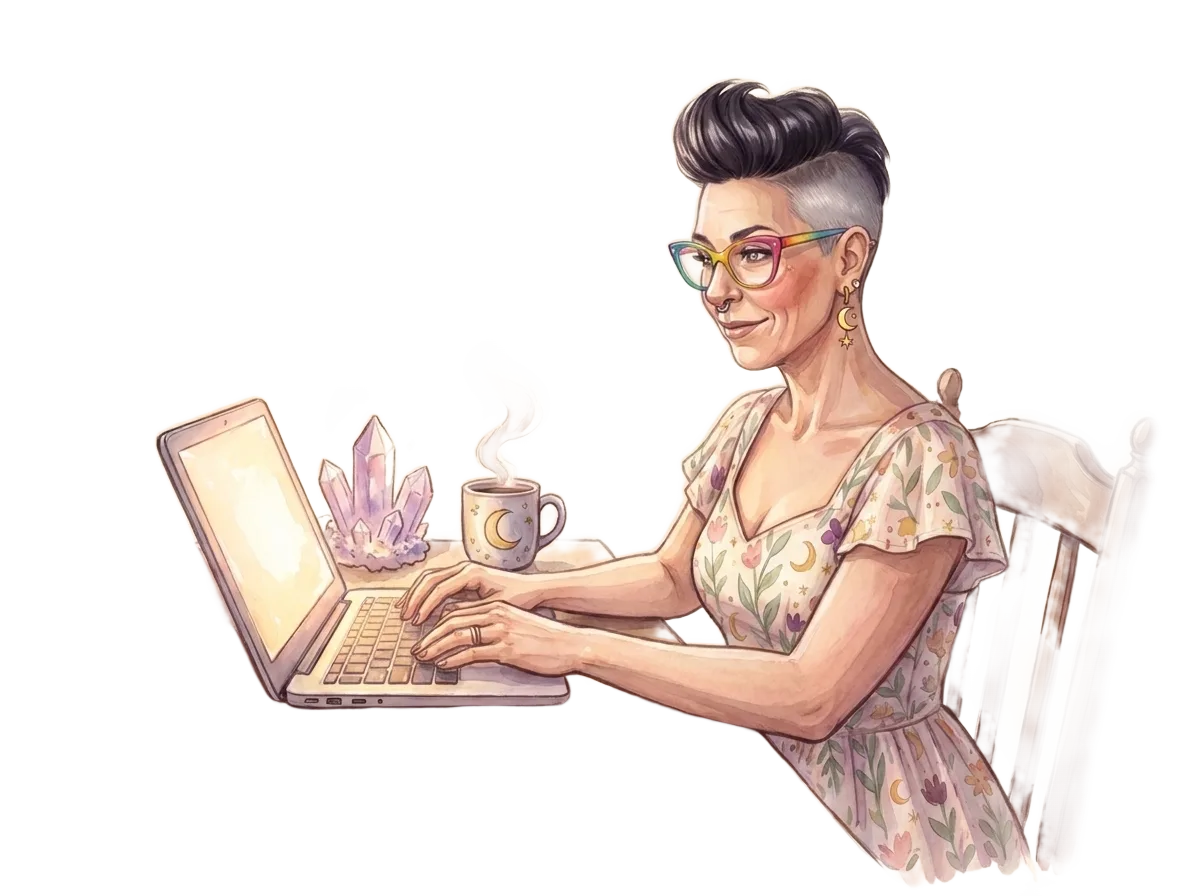 Willow at her writing desk with her laptop, crystals and a cup of tea